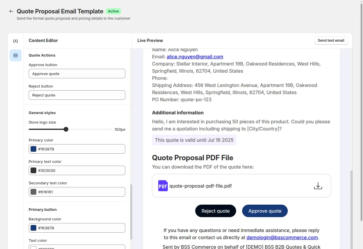 Quote Proposal Email Template editor: Quote Actions with the Approve button and Reject button labels, and the Live Preview