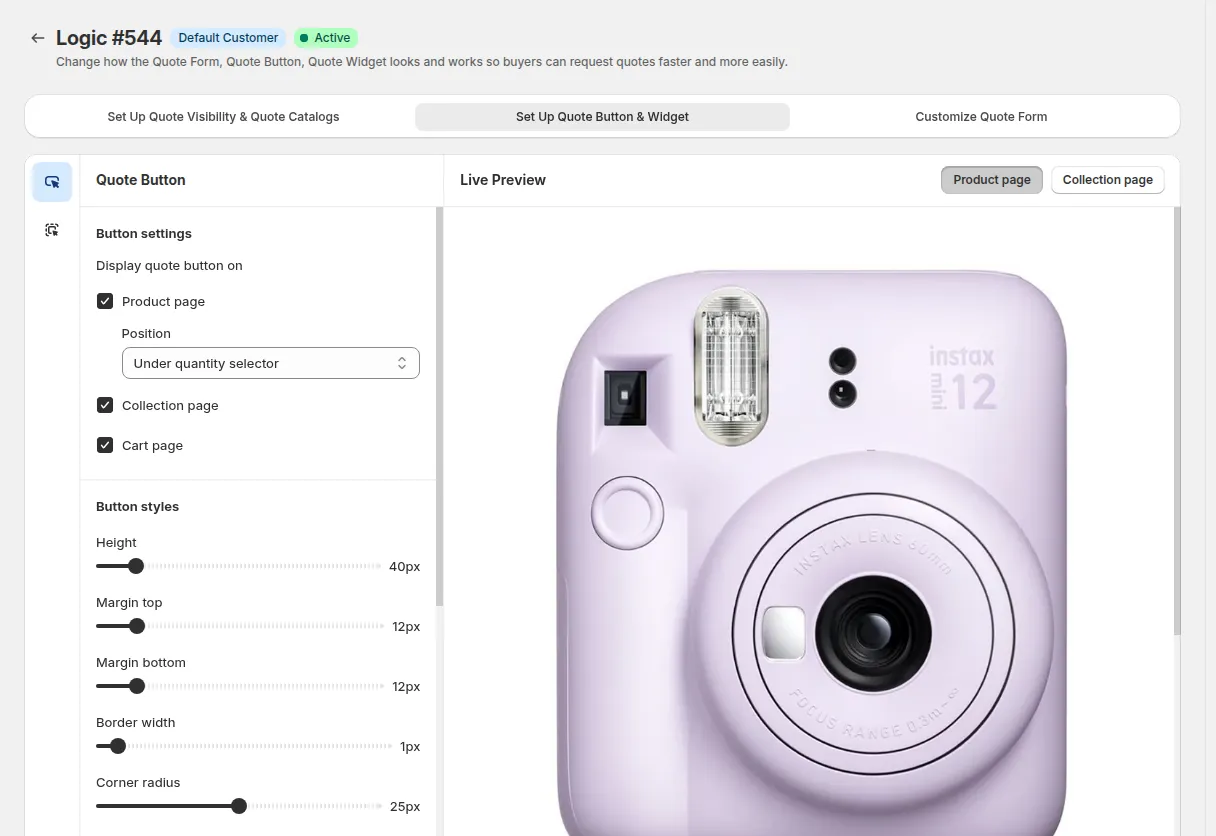 Set Up Quote Button & Widget tab: button settings and styles on the left, Live Preview of the product page on the right