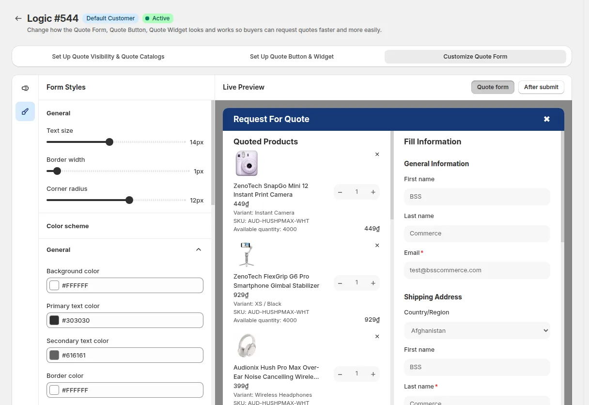 Form Styles section: text size, border width, corner radius and color scheme, with the Live Preview of the quote form