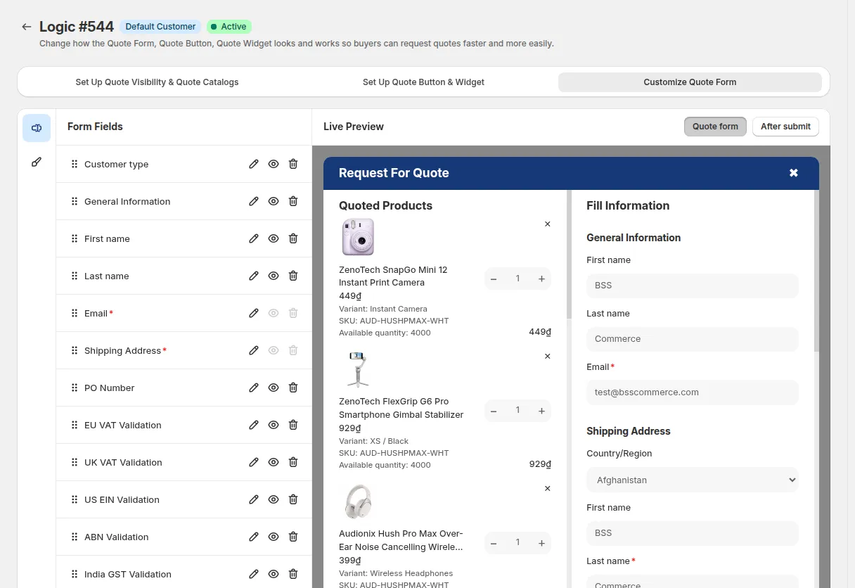 Customize Quote Form tab: the list of form fields on the left, Live Preview of the Request For Quote form on the right