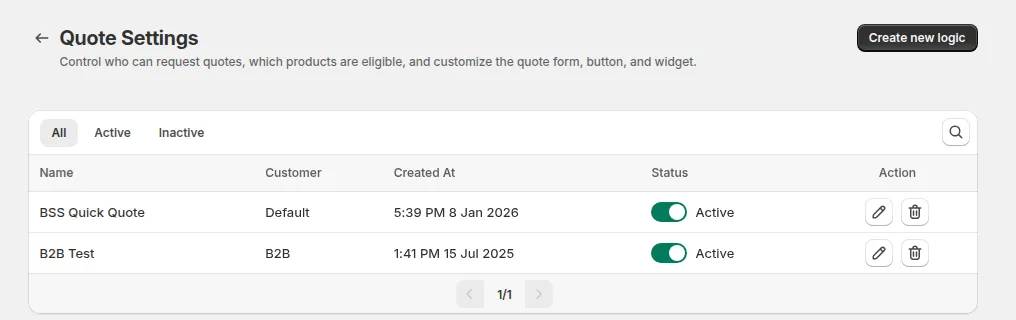 Quote Settings: the list of quote logics with Create new logic at the top right