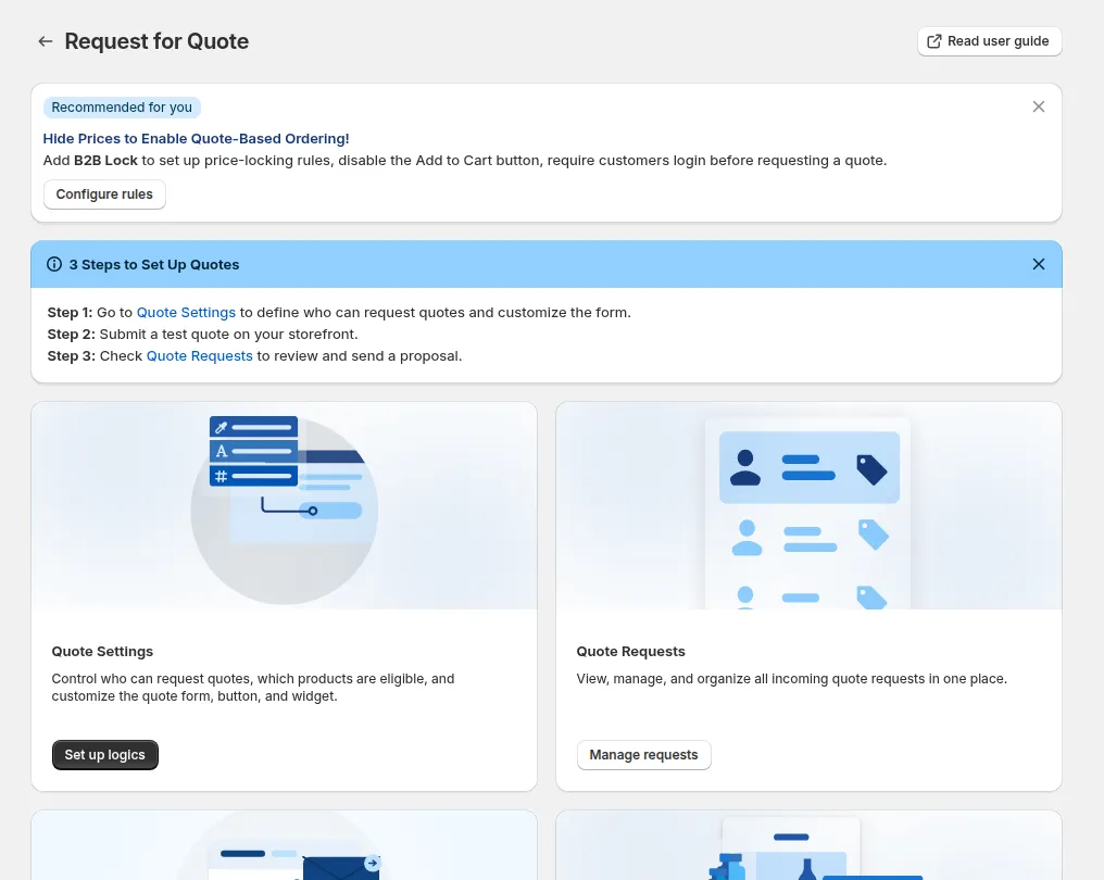 Request for Quote page: 3 Steps to Set Up Quotes, and the Quote Settings card with Set up logics
