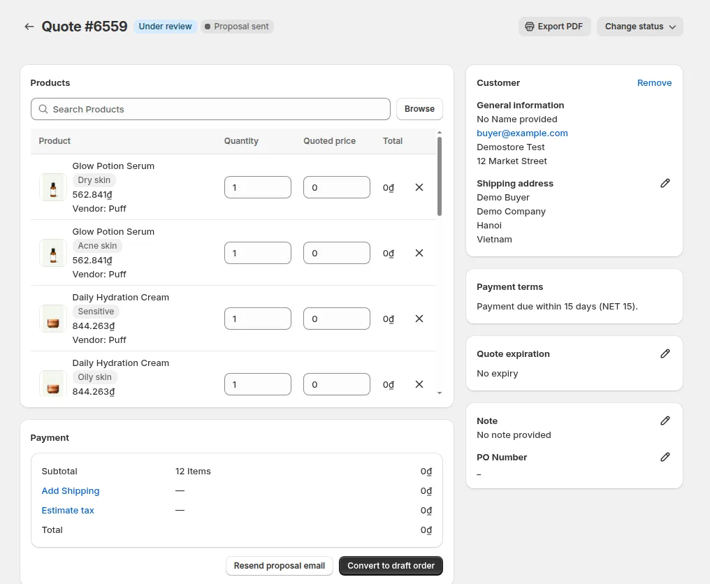 Quote detail page: products with quantity and quoted price, payment summary, customer information, payment terms, quote expiration, note and PO number