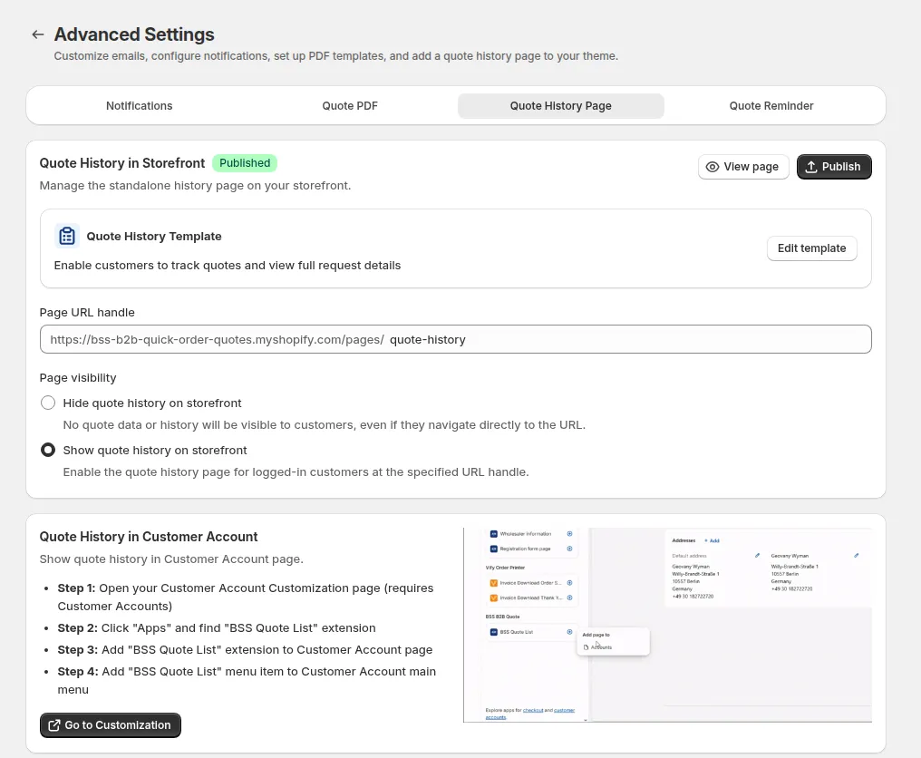 Advanced Settings, Quote History Page tab: Quote History in Storefront is Published, with the page URL handle, page visibility and the Customer Account steps