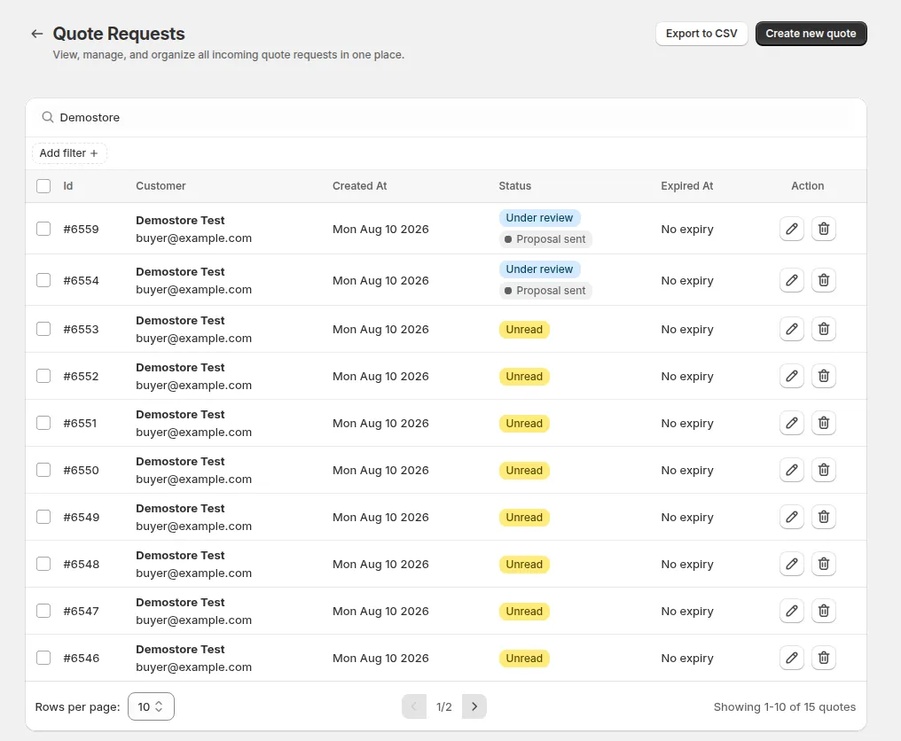 Quote Requests list: ID, customer, created date, status and expiry for each quote, with Export to CSV and Create new quote