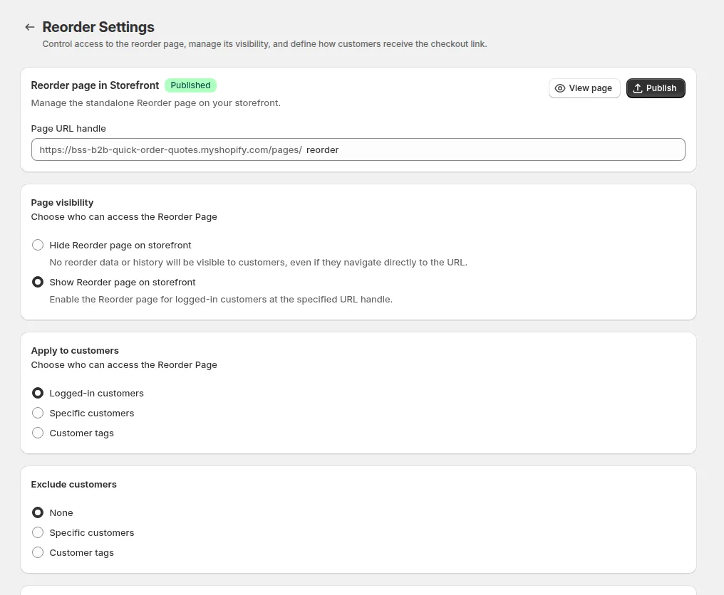 Reorder Settings: Reorder page in Storefront (Published), Page URL handle, Page visibility, Apply to customers and Exclude customers