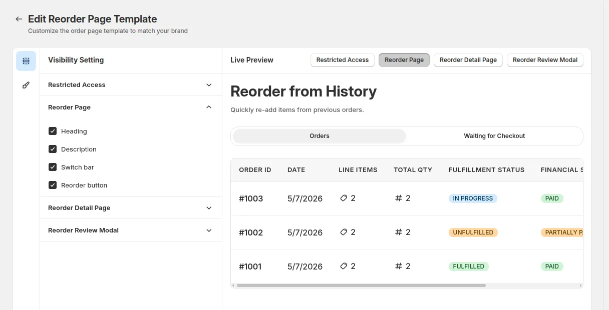 Edit Reorder Page Template: Visibility Setting panel on the left and Live Preview with Restricted Access, Reorder Page, Reorder Detail Page and Reorder Review Modal