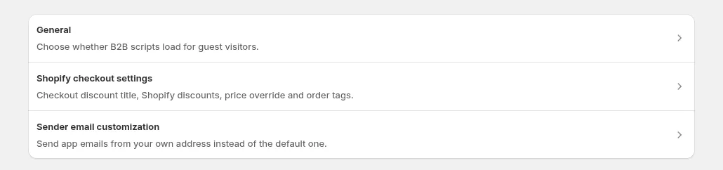 Settings page with General, Shopify checkout settings and Sender email customization