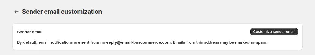 Sender email customization page: emails are sent from no-reply@email-bsscommerce.com until you customize the sender
