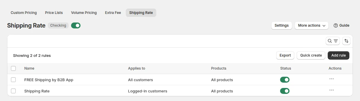 Shipping Rate page with the module on and two rules