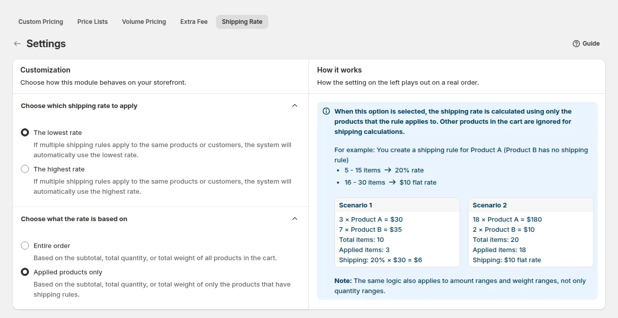 Shipping Rate Settings: Choose which shipping rate to apply and Choose what the rate is based on, with a worked example