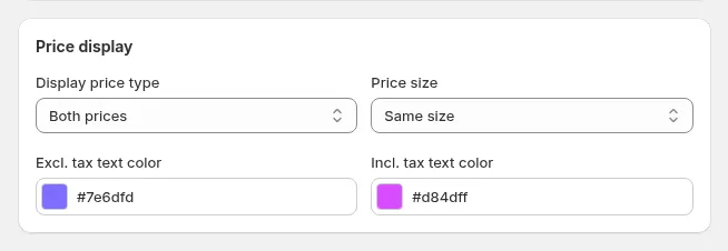Price display card: Display price type and Price size, next to the Preview of Product A at $65.00 exc. VAT and $71.50 inc. VAT