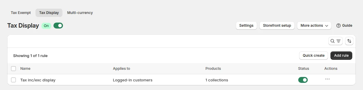 Tax Display page with one rule