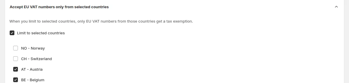 Accept EU VAT numbers only from selected countries, in the Advanced card