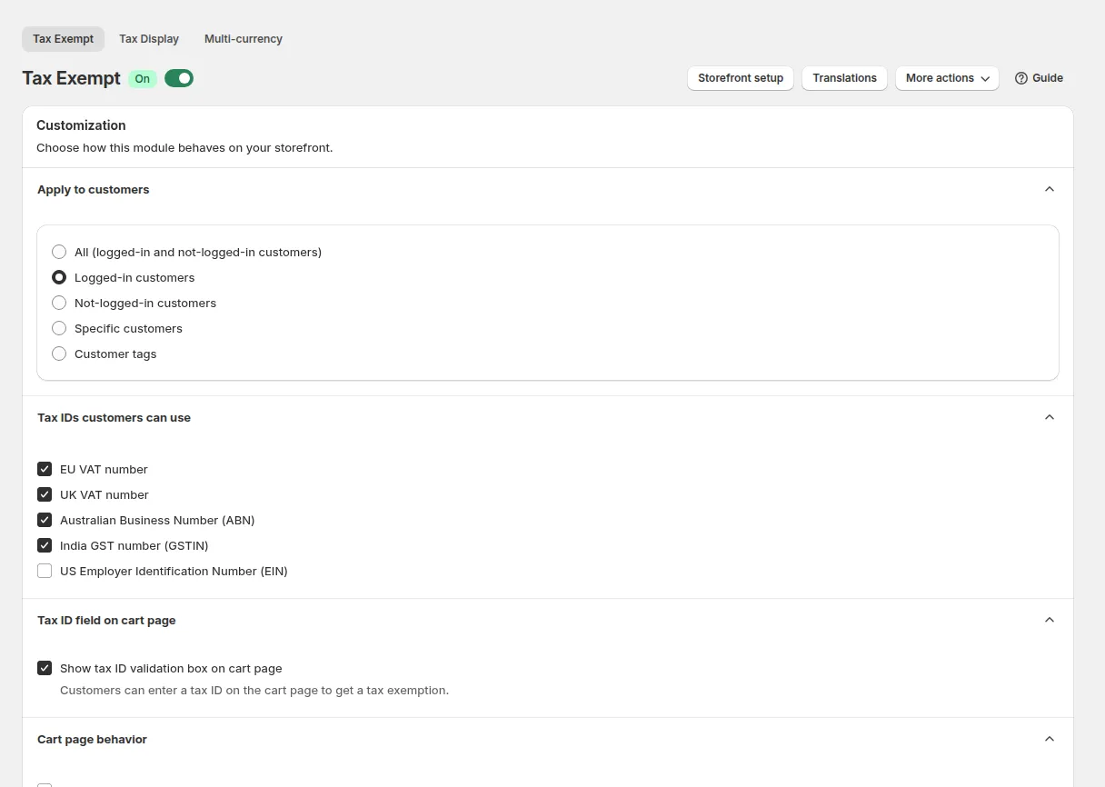 Tax Exempt page: Customization with Apply to customers, Tax IDs customers can use, Tax ID field on cart page and Cart page behavior