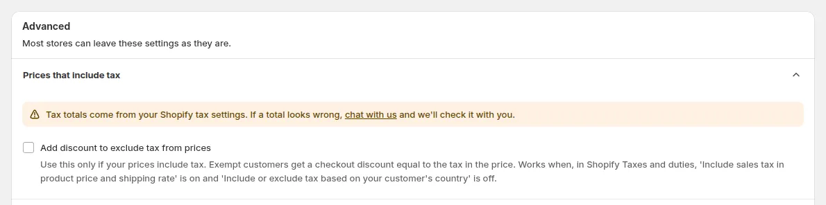 Advanced card, Prices that include tax: Add discount to exclude tax from prices