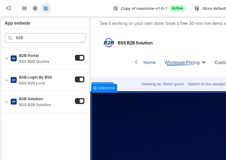 Theme editor, App embeds panel: the B2B Solution embed switched on