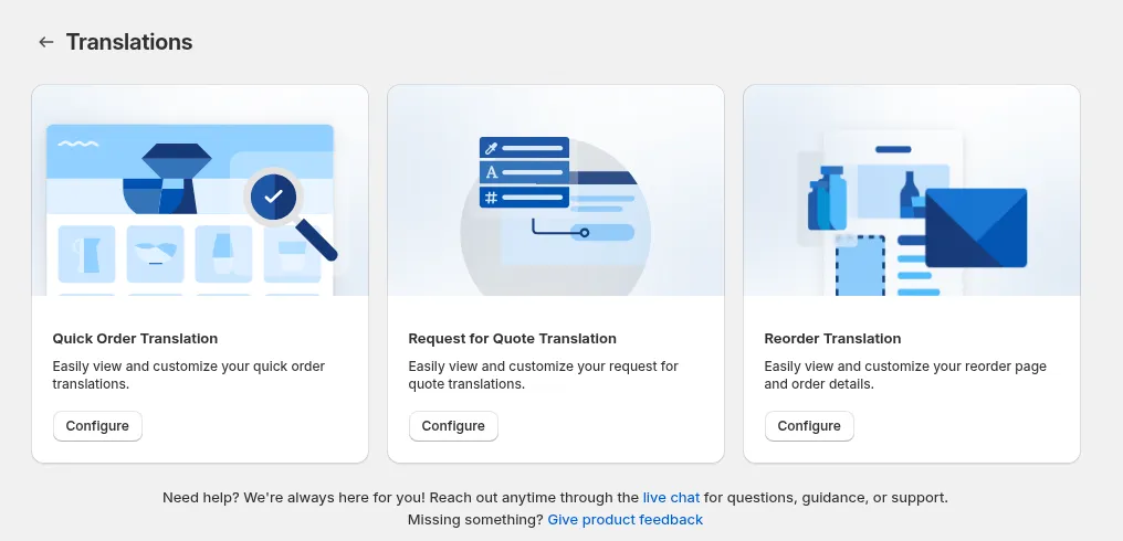 Translations page: Quick Order Translation, Request for Quote Translation and Reorder Translation