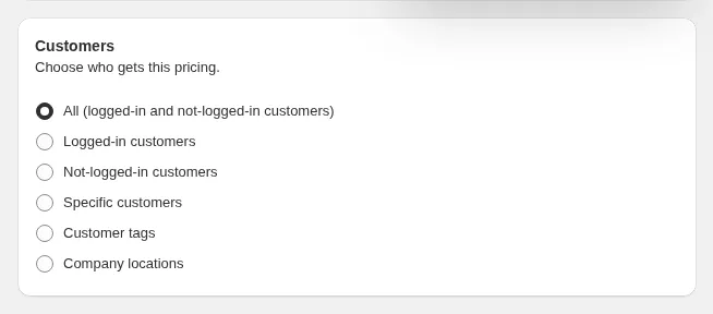 Customers card with the six targeting options