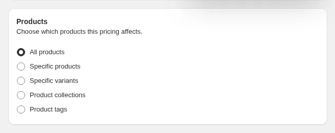 Products card with the product targeting options