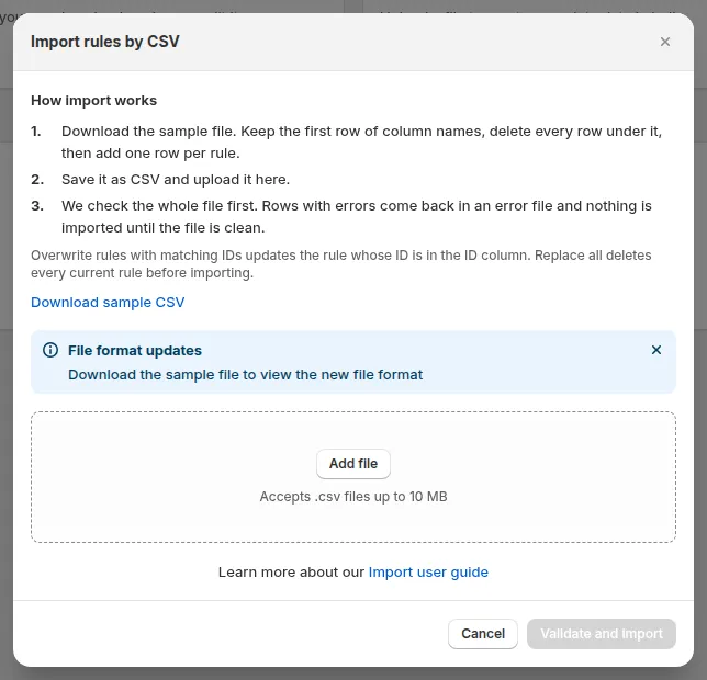 Import rules by CSV dialog: how import works, Download sample CSV, and the file drop zone that accepts .csv up to 10 MB