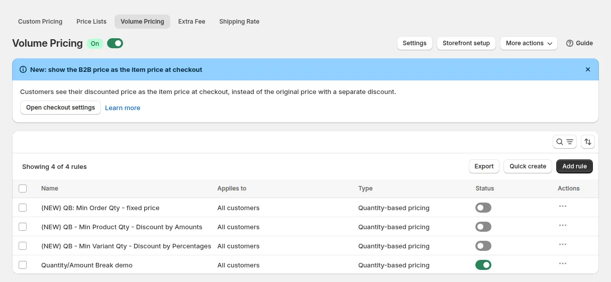 Volume Pricing page with the module switched on and the rule list