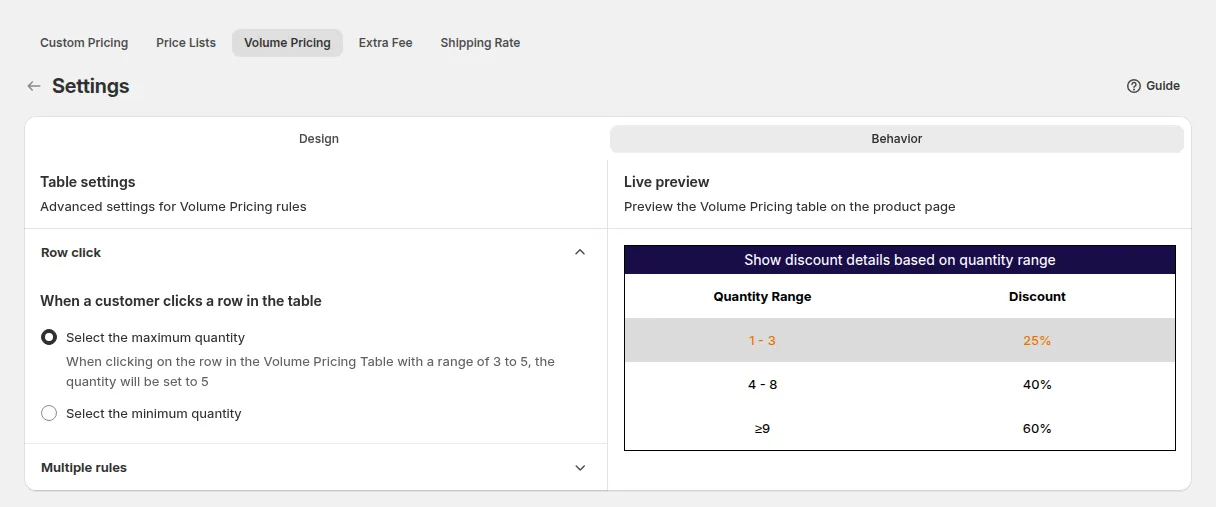 Behavior tab: Row click and Multiple rules