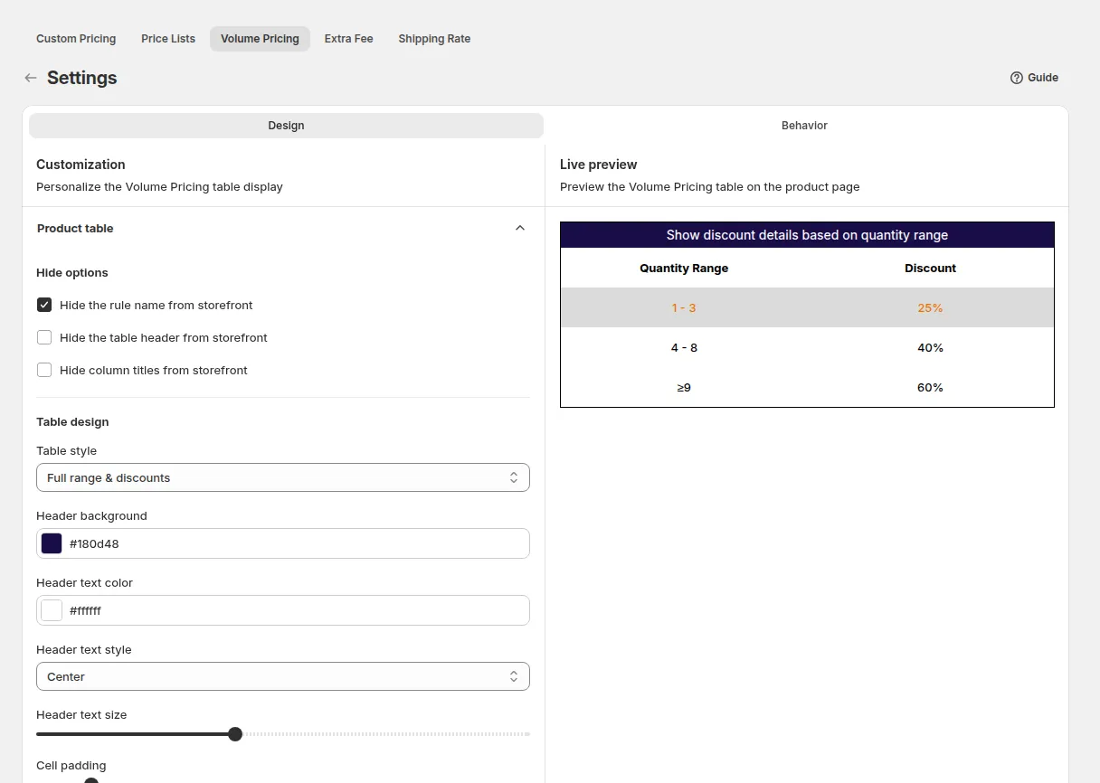 Volume Pricing Settings, Design tab: Product table, Text, Border and Where to show the table, with a live preview