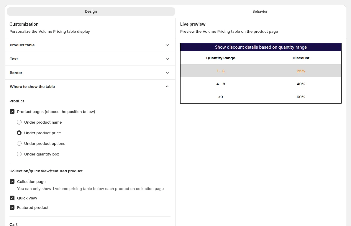 Where to show the table section: product page position, collection page, quick view, featured product, cart page and mini cart