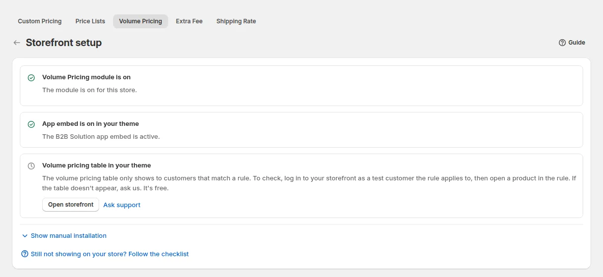 Storefront setup page with the module, app embed and table checks