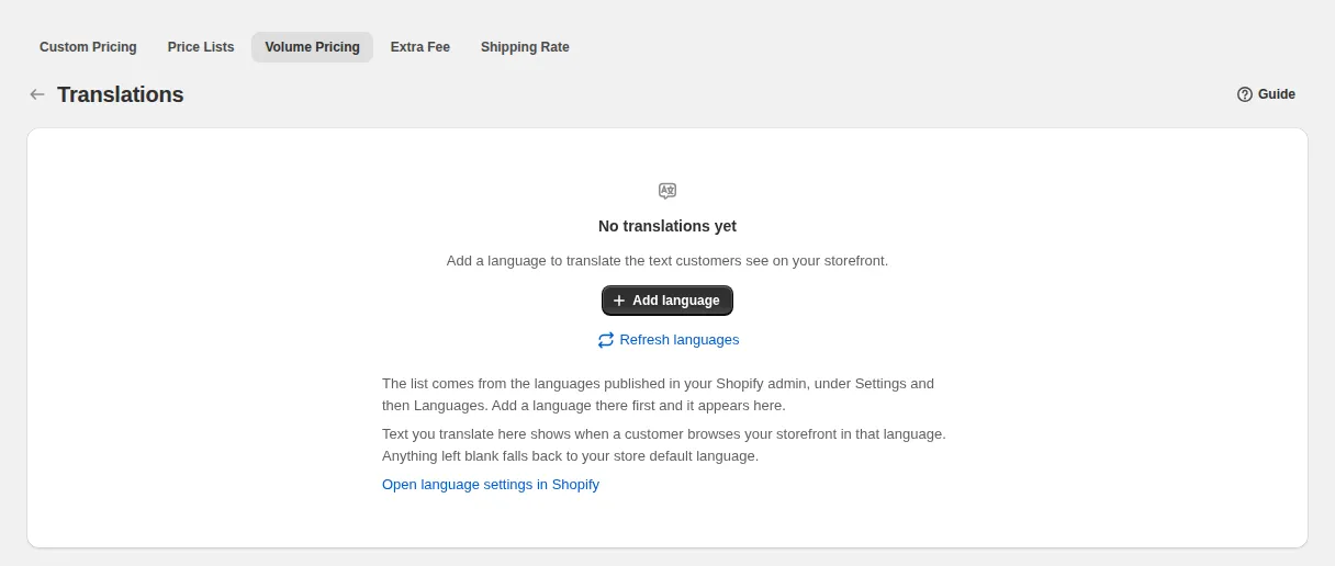 Translations page for Volume Pricing with Add language