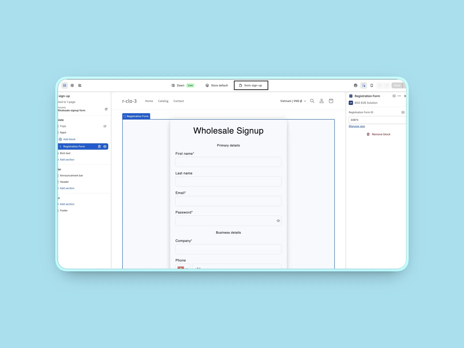 Recommended setup for most stores: place the Wholesale Registration Form on a dedicated page, then use customer tag or specific email rules to control B2B pricing.