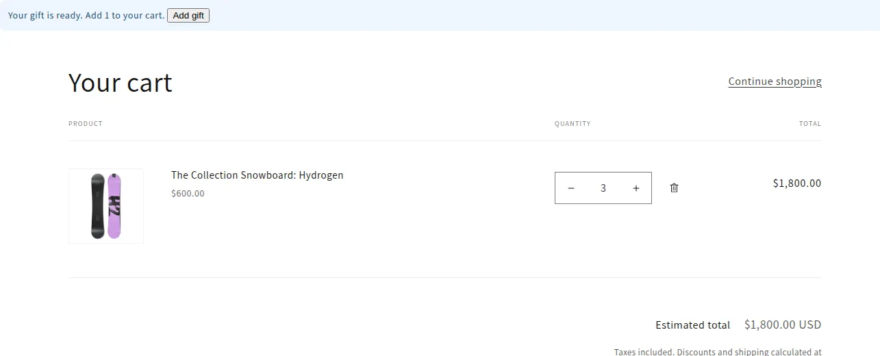 Cart page notice with the Add gift button once the cart qualifies