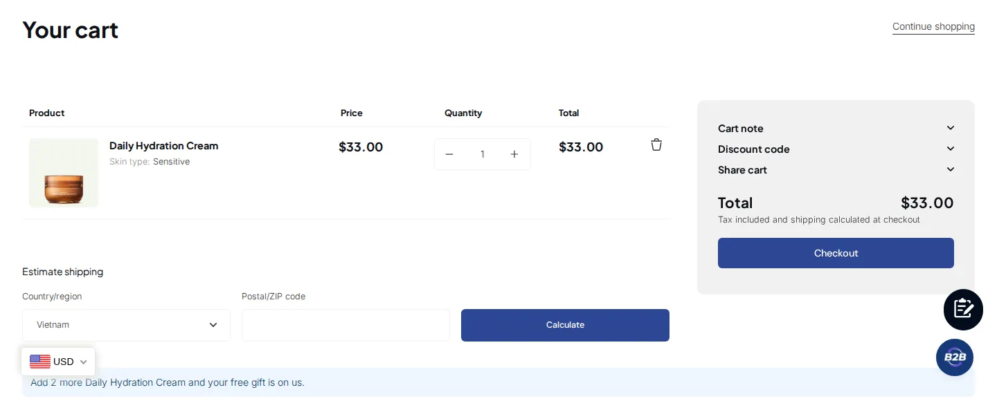 Cart page notice: Add 2 more Daily Hydration Cream and your free gift is on us