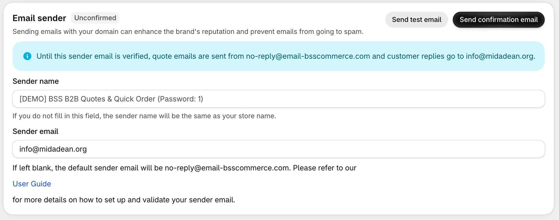 Email Sender card with a saved sender that is Unconfirmed, and the Send test email and Send confirmation email buttons