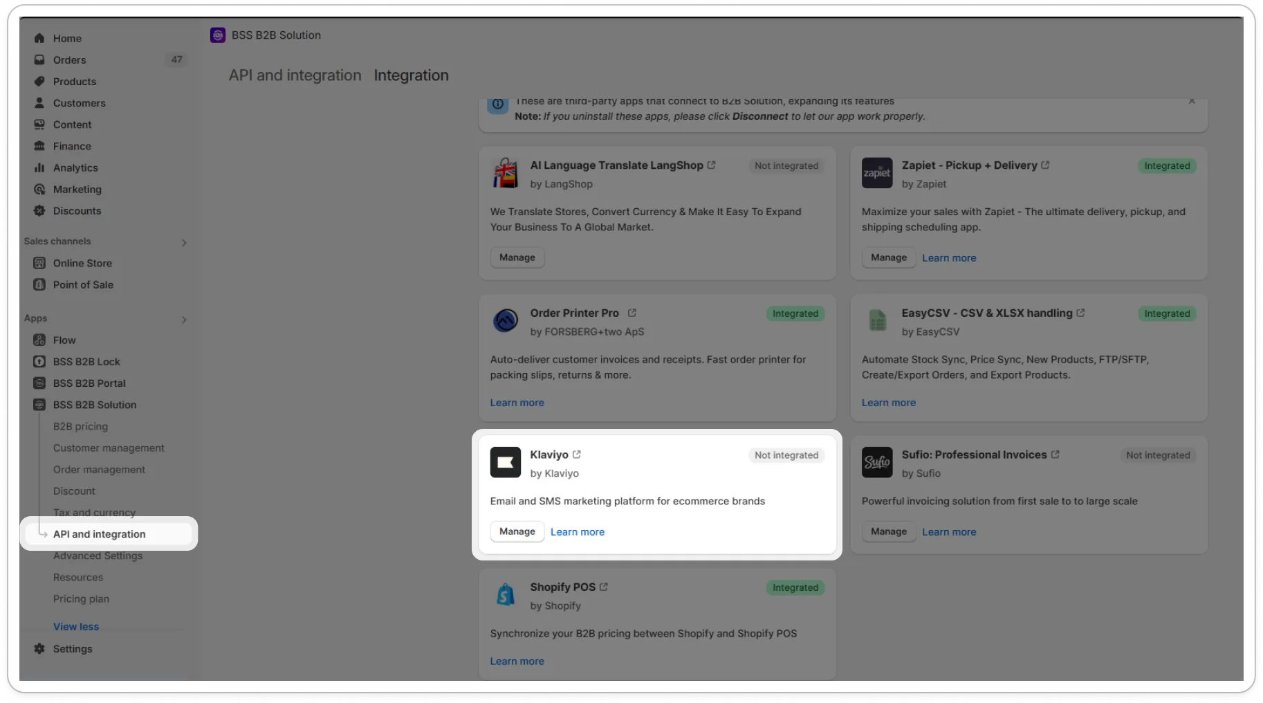 BSS B2B Solution API and integration page in Shopify admin with the Klaviyo card and its Manage button highlighted