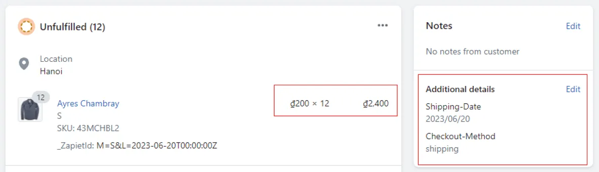 Order details without the Quantity Break discount, charging 200 x 12, while Zapiet additional details still appear