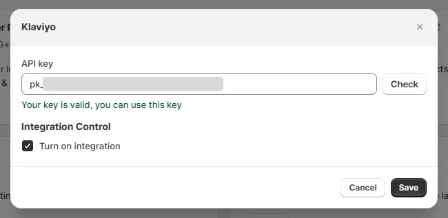 Klaviyo popup in BSS B2B Solution with the masked API key field, a key is valid message, Turn on integration ticked and Save