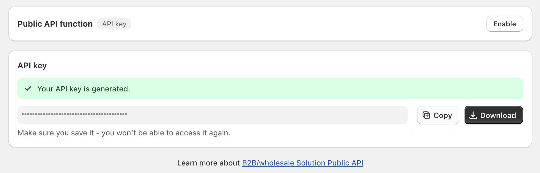 API key card right after generating a key: the key (hidden in this screenshot), Copy and Download