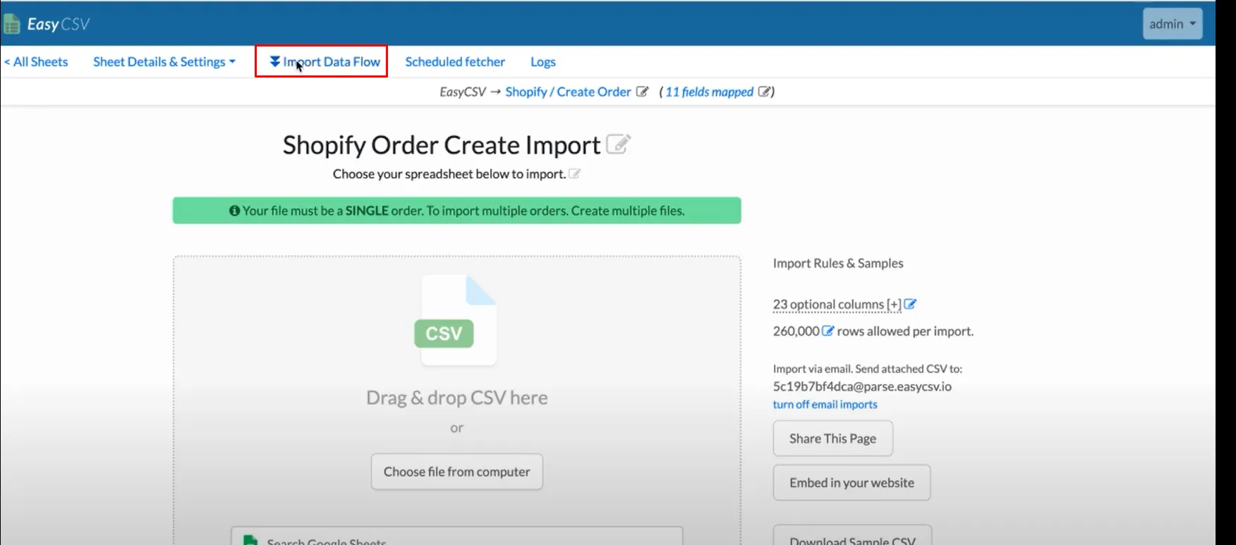 EasyCSV Shopify Order Create Import page with the Import Data Flow tab highlighted in the top navigation
