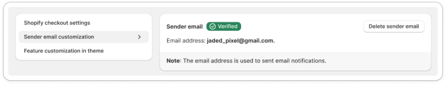 Sender email customization settings showing a Verified sender email address and a Delete sender email button
