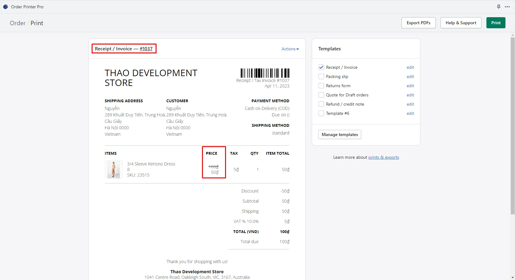 Order Printer Pro Receipt / Invoice for order #1037 with the Price column showing 100 crossed out and 50