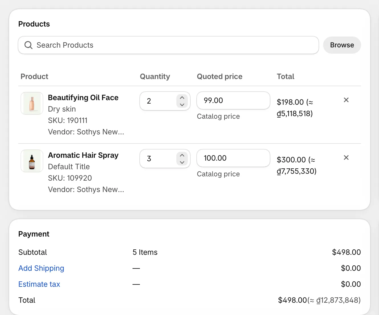 Quote detail in the admin showing line prices and totals in a non-base currency, with the base-currency equivalent