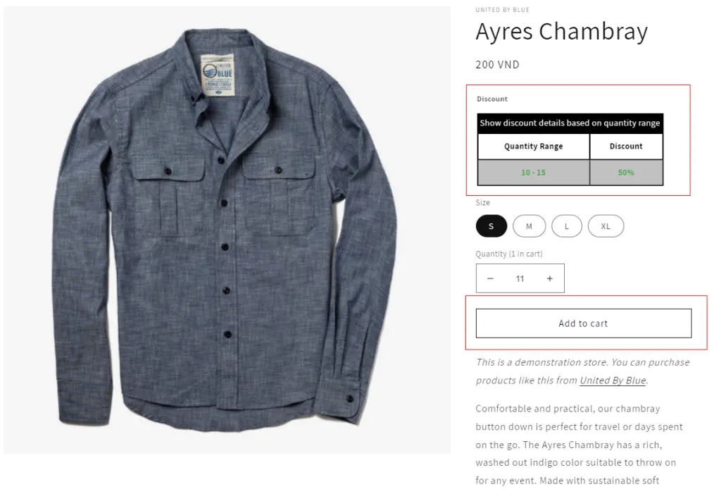 Storefront product page with a Quantity Break table showing 50% off for 10 - 15 items and only an Add to cart button