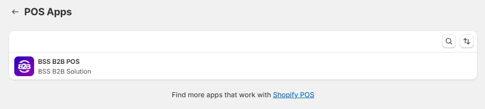 POS Apps list in Shopify admin showing BSS B2B POS by BSS B2B Solution