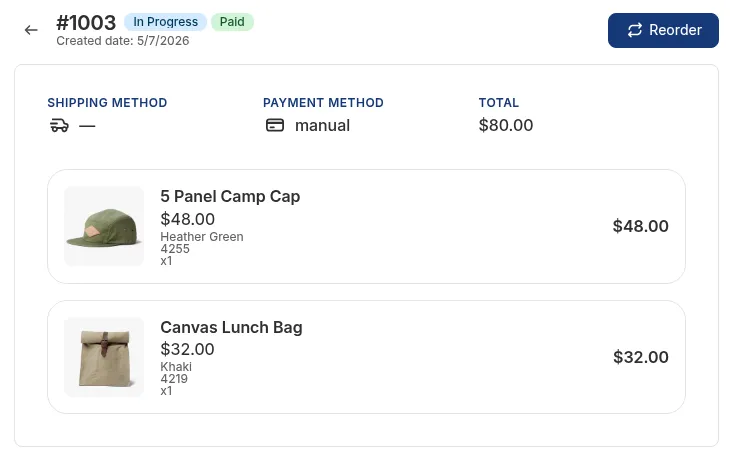 Order detail page (template preview): order #1003 with status badges, Reorder button, shipping method, payment method, total and the line items