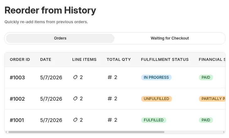 Reorder from History page (template preview): Orders and Waiting for Checkout tabs, with order ID, date, line items, total quantity and statuses