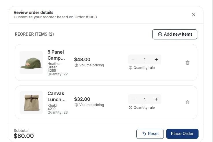 Review order details modal (template preview): reorder items with price, Volume pricing, quantity rule, Add new items, Reset and Place Order