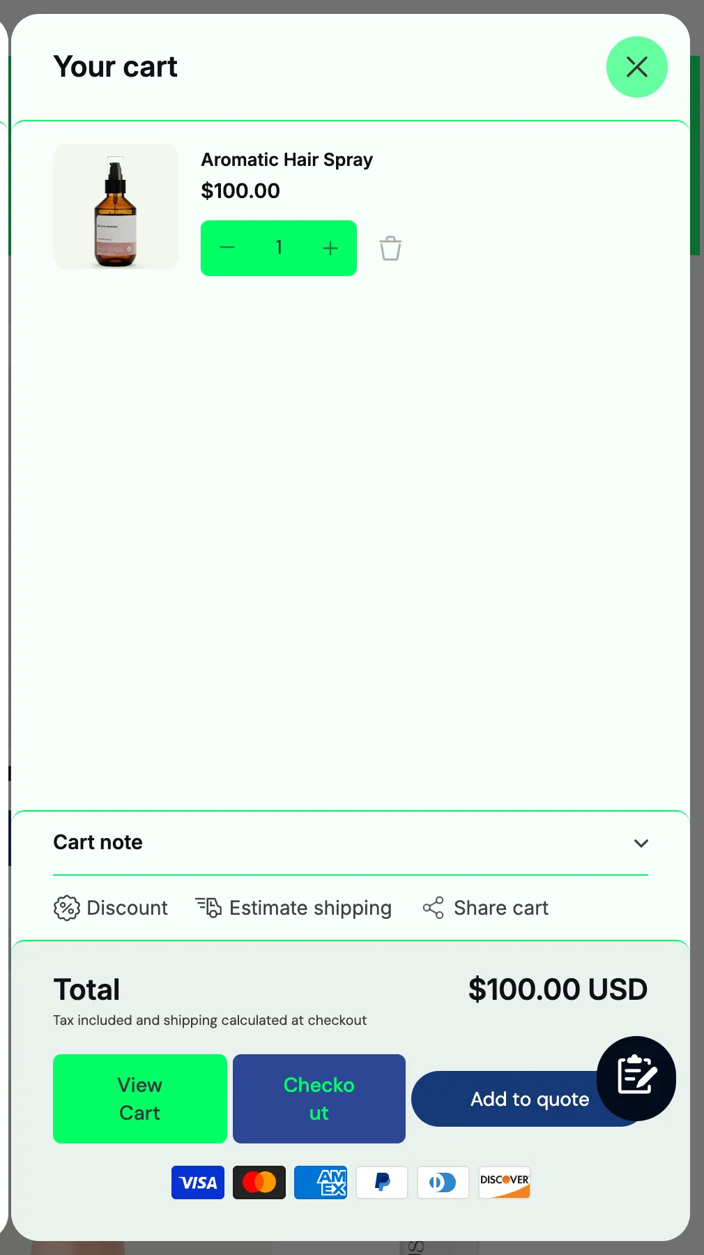 Storefront cart drawer with the Add to quote button next to Checkout