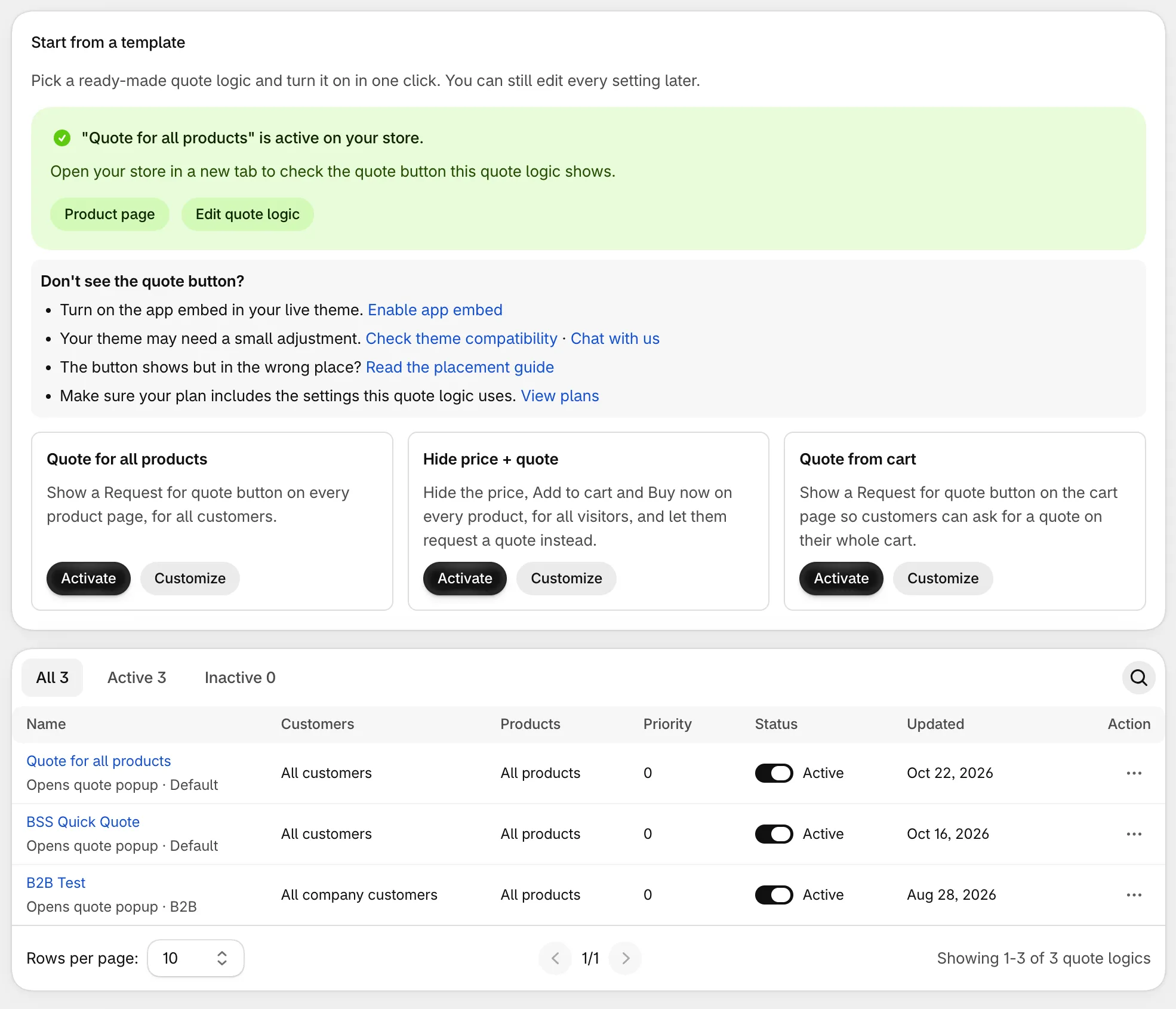 Quote Logic page after activating the Quote for all products template